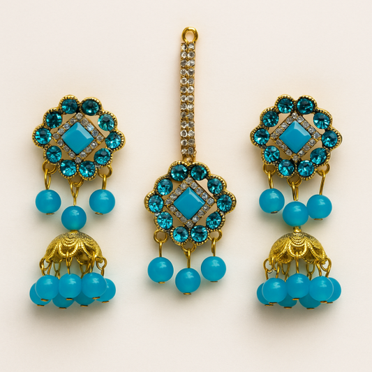 Artificial Jhumkay & Bindya Set with Blue Stones – Traditional Bridal Ethnic Jewelry for Women