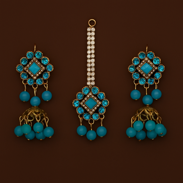 Artificial Jhumkay & Bindya Set with Blue Stones – Traditional Bridal Ethnic Jewelry for Women