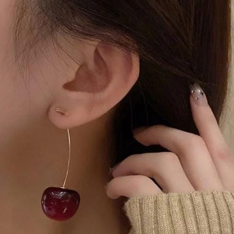 Korean Cherry Drop Earrings – Cute Minimalist Red Fruit Jewelry for Women