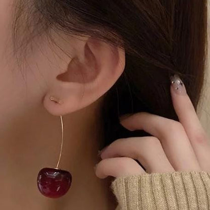 Korean Cherry Drop Earrings – Cute Minimalist Red Fruit Jewelry for Women