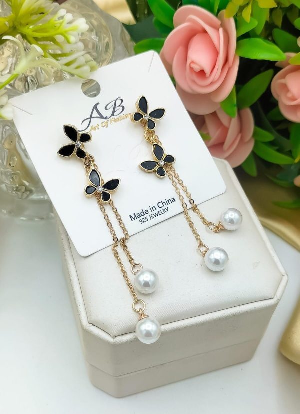 Elegant Pearl Butterfly Tassel Earrings for Women – Unique Design Jewelry for Weddings, Parties & Gifts (Black / White)