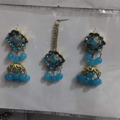 Artificial Jhumkay & Bindya Set with Blue Stones – Traditional Bridal Ethnic Jewelry for Women